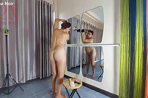 naked nudist stylist regina noir trims her juicy shaved pussy?