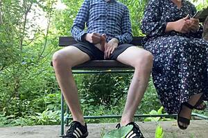 cheerful street milf jerks strangers off snapping pics outdoors