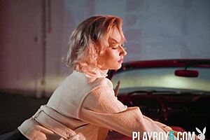 Petite Blonde MILF Polina Rips Clothes For Car-Top Striptease And Small Tits Exposure