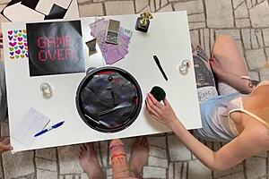 two hot girls in lingerie and stockings run cfnm cum contest with dice levels precum weighing stroking instructions try not to cum challenge