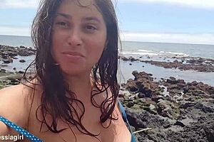 curvy brunette dresses sexy for beach photoshoot then fingers pussy voyeur style