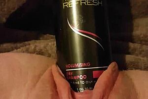 YOUNG SLUT rams 6-inch round hairspray can into GAPING WET PUSSY