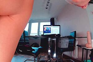 Teasing curvy milf oils up for dildo striptease then rides hard doggystyle