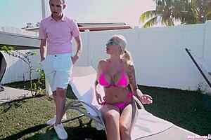 gorgeous blonde milf bombshell fucks pool guy doggystyle at pool