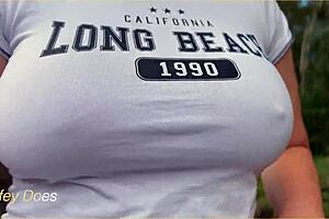 Wifey braless flashing perfect tits publicly