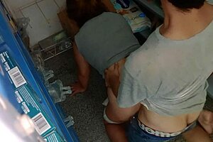 passionate nighttime sex bent over in medicine storage