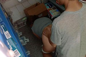 passionate nighttime sex bent over in medicine storage