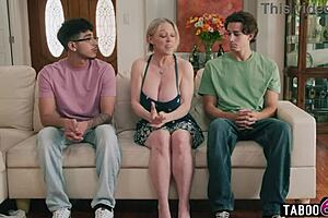 Gilf Stepmom's Huge Boobs Bounce on Two Young Stepsons' Cocks