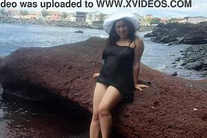 curvy brunette milf dresses sexy for beach mastubation photoshoot 🔥👙 big natural tits flash public