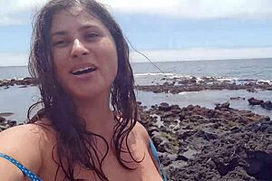 curvy brunette milf dresses sexy for beach mastubation photoshoot 🔥👙 big natural tits flash public