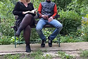 Curvy stepmom jerks stepson in park while reading 📖🍆💦