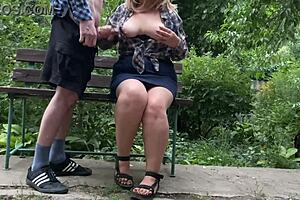 Mother-in-law spreads legs outdoor flashing wet pussy before i cum on her huge natural tits