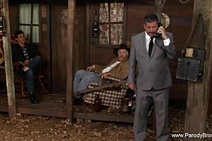 tv parody scene heats up with milf's hardcore handjob action unfolding slowly.