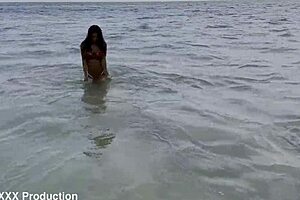 Monika Fox's Big Fake Tits Pierced Nipples In White Panties Beach Swim Solo