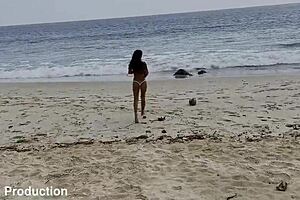 Monika Fox's Big Fake Tits Pierced Nipples In White Panties Beach Swim Solo