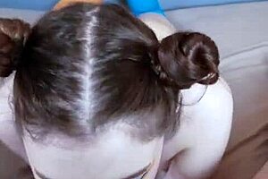 pov beautiful glasses girl hair buns deepthroat ball licking facial cum throatpie