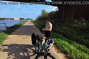 imagine this huge natural titted milf biking nude outdoors, flashing saggy boobs everywhere