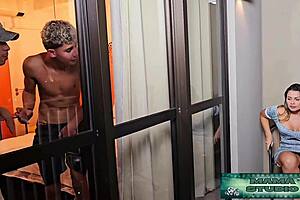 Skinny brazilian milf fucks two young cousins bath creampie