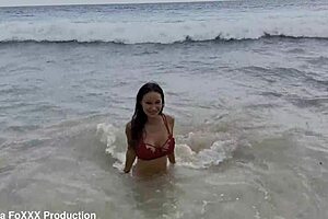Monika Fox's Big Fake Tits Pierced Nipples In White Panties Beach Swim Solo