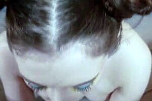 pov beautiful glasses girl hair buns deepthroat ball licking facial cum throatpie