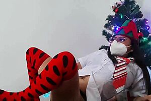Stepmom Masturbates Dildo Under Christmas Tree, Riding Big Pussy Toy Cowgirl Style