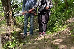 Mother-in-law flashes huge tits and sucks cock in public park