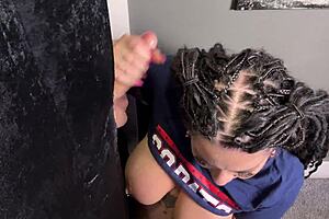 neglected husband slurps milf's natural tits at gloryhole before blowjob blast