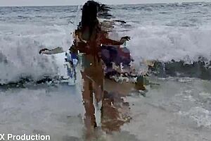 Monika Fox's Big Fake Tits Pierced Nipples In White Panties Beach Swim Solo