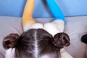 pov beautiful glasses girl hair buns deepthroat ball licking facial cum throatpie