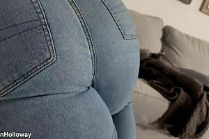 Daddy brutally CANES young brunette slut's fat big ass in tight jeans POV