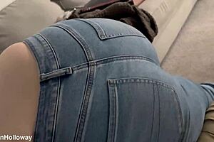 Daddy brutally CANES young brunette slut's fat big ass in tight jeans POV