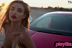 omg my huge boobs blonde milf strippin outdoors in sportscar feelin horny