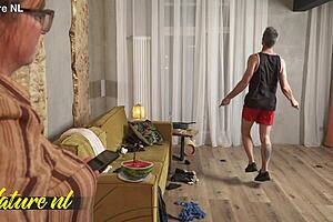 Stepmom spots stepson working out grabs his cock licks pussy fucks missionary creampie