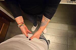 cuck creampie floods milf panties in restaurant toilet!