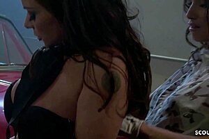 wow milf and teen lesbian parody with huge tits backstage!