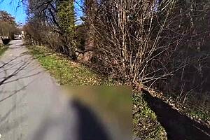 Curvy amateur wife flashes saggy big tits and pussy on public bench.