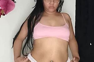 Hairy Latina Allison Vega strips naked for solo pussy play