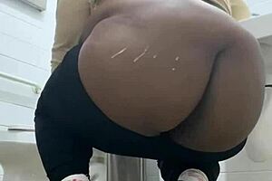 bathroom quickie with ebony big cock creampie leaves pussy dripping cum