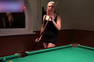 Busty blonde couple goes rough on pool table in wild anal sex night