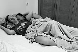 Horny husband spoons waking wife for passionate morning bedroom orgasm