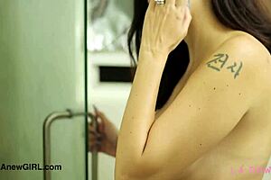 Sexy brunette milf model strips showers petite body casting photoshoot pov