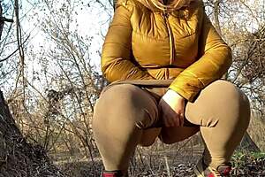 Mature hairy bbw milf squats pees wet pussy closeup legs spread