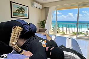 Asian stepmom begs stepson for beach house pussy pounding!