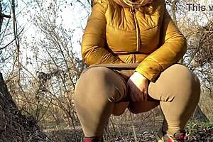 Mature hairy bbw milf squats pees wet pussy closeup legs spread