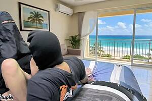 Asian stepmom begs stepson for beach house pussy pounding!