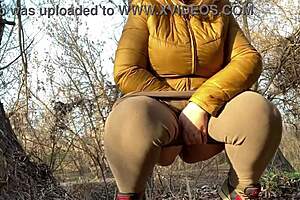 Mature hairy bbw milf squats pees wet pussy closeup legs spread