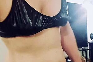 Sexy milf strips leather lingerie teasing POV
