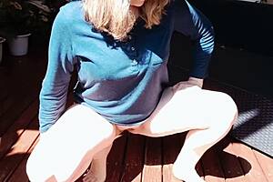 mature blonde squats outdoor flashing meaty shaved gaping cunt 🍑💦