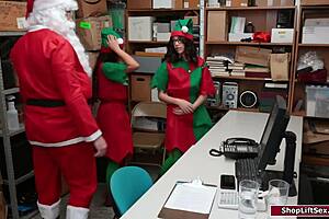 santa cop dominates asian and latina babes with cocks in office threesome