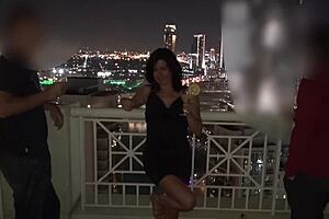 crowd watches milf's ass fucked extreme creampie on restaurant balcony